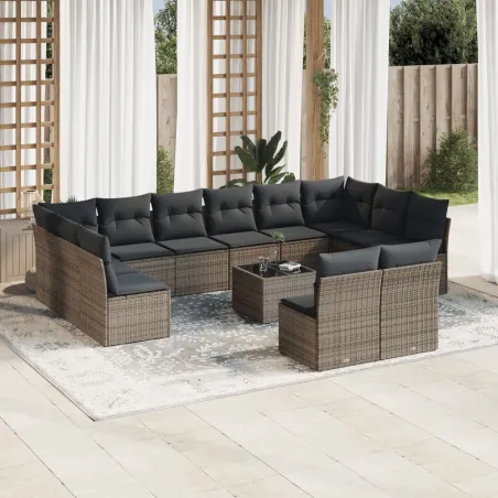 Salon de jardin avec coussins 13 pcs gris résine tressée