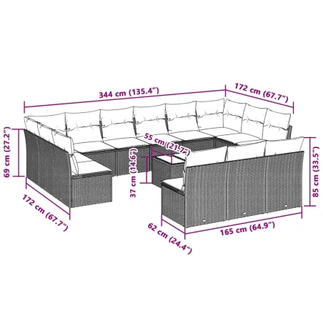 Salon de jardin avec coussins 14 pcs gris clair résine tressée