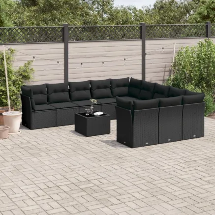 Salon de jardin 12 pcs avec coussins noir résine tressée