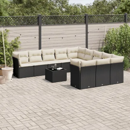 Salon de jardin 12 pcs avec coussins noir résine tressée