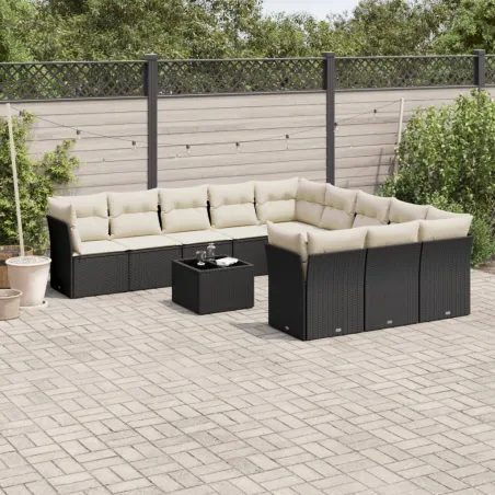 Salon de jardin 12 pcs avec coussins noir résine tressée