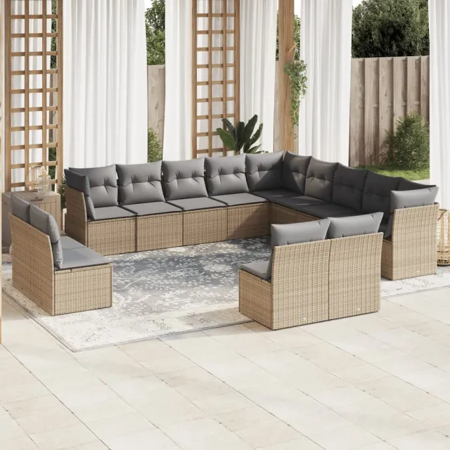 Salon de jardin avec coussins 12 pcs beige résine tressée