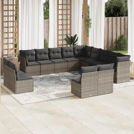 Salon de jardin avec coussins 12 pcs gris résine tressée