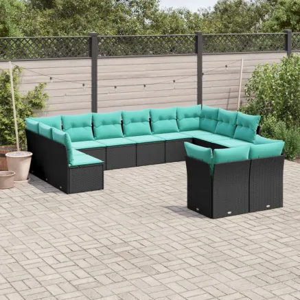 Salon de jardin avec coussins 12 pcs noir résine tressée