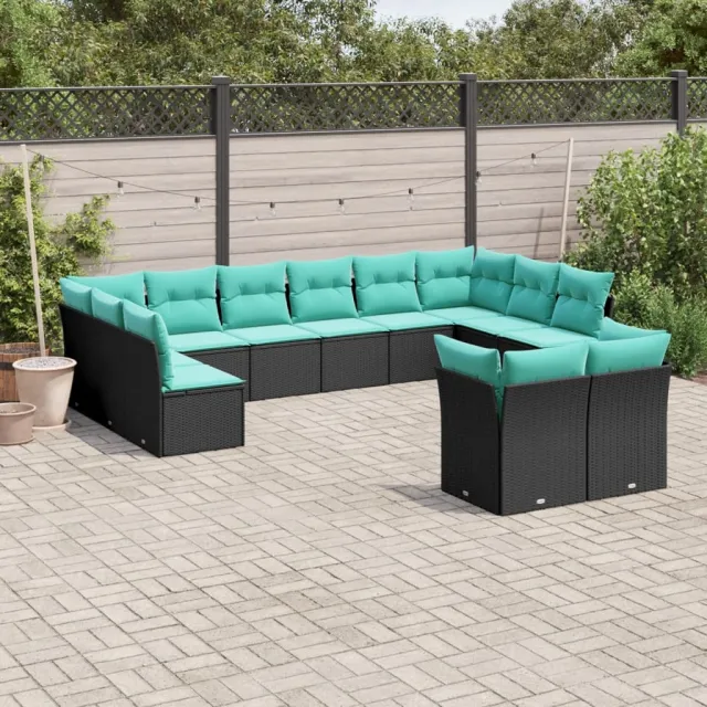 Salon de jardin avec coussins 12 pcs noir résine tressée