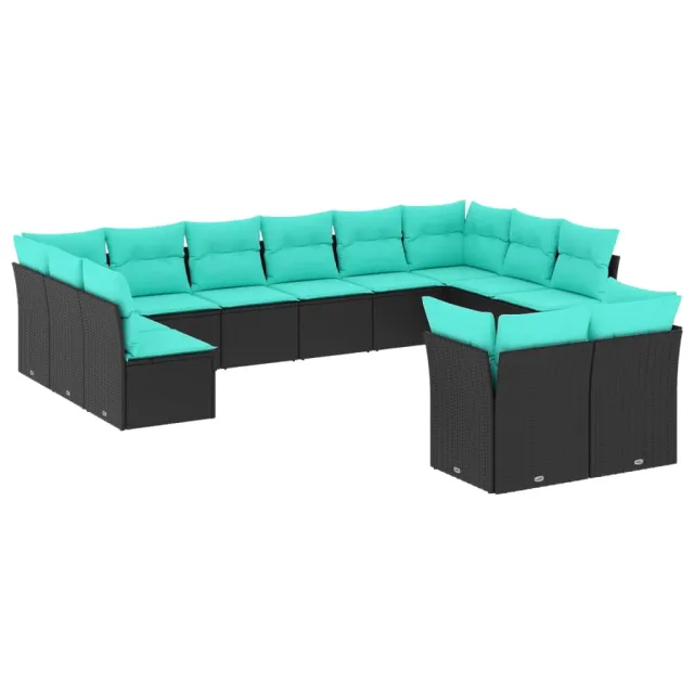 Salon de jardin avec coussins 12 pcs noir résine tressée
