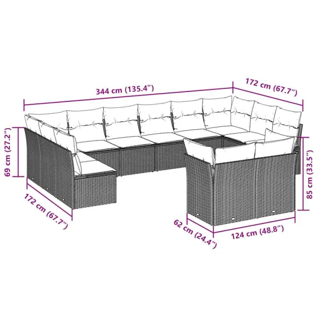 Salon de jardin avec coussins 12 pcs marron résine tressée