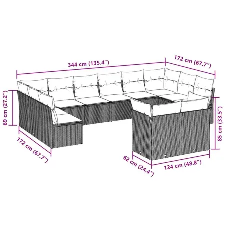 Salon de jardin avec coussins 12 pcs marron résine tressée