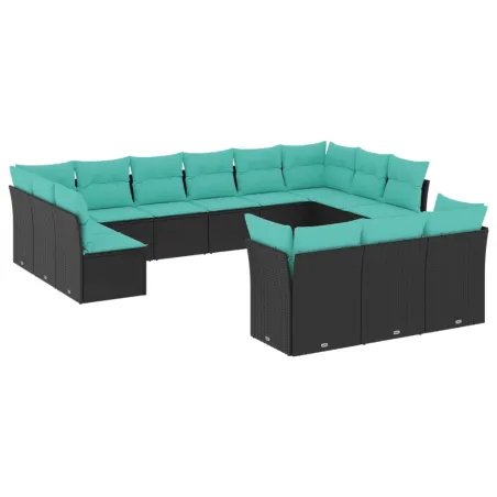 Salon de jardin avec coussins 13 pcs noir résine tressée