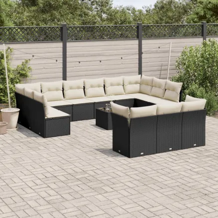 Salon de jardin avec coussins 14 pcs noir résine tressée