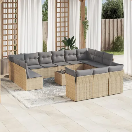 Salon de jardin avec coussins 14 pcs beige résine tressée