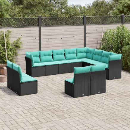 Salon de jardin avec coussins 12 pcs noir résine tressée
