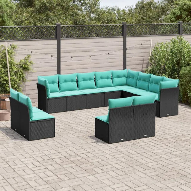 Salon de jardin avec coussins 12 pcs noir résine tressée