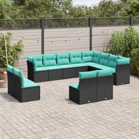Salon de jardin avec coussins 12 pcs noir résine tressée