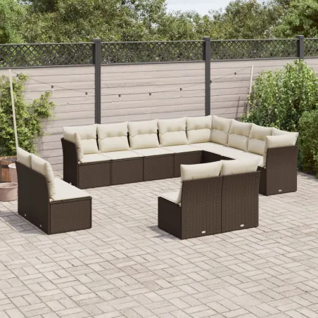 Salon de jardin avec coussins 12 pcs marron résine tressée