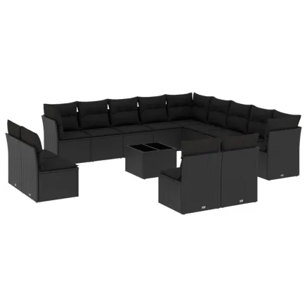 Salon de jardin avec coussins 14 pcs noir résine tressée 2