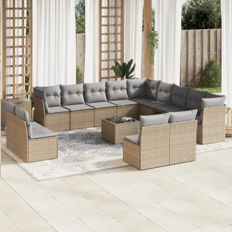 Salon de jardin avec coussins 14 pcs beige résine tressée