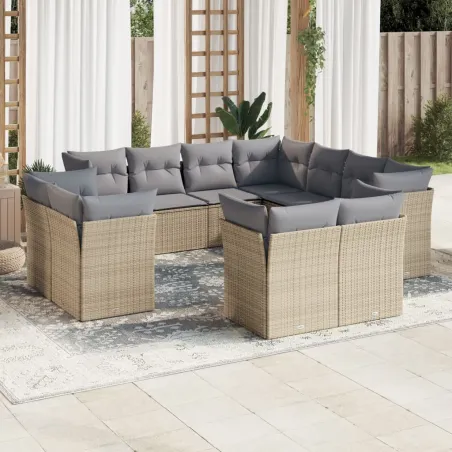 Salon de jardin 11 pcs avec coussins beige résine tressée