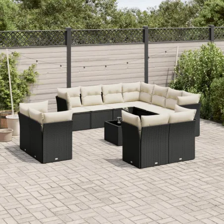 Salon de jardin 12 pcs avec coussins noir résine tressée