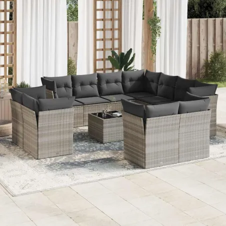 Salon de jardin avec coussins 12 pcs gris clair résine tressée