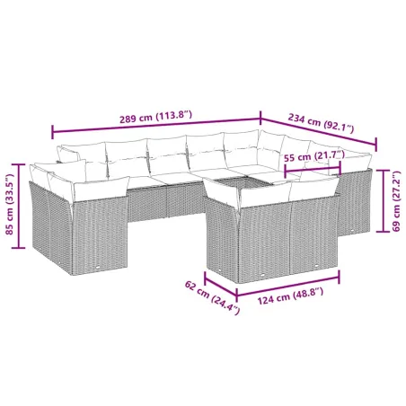 Salon de jardin avec coussins 12 pcs marron résine tressée