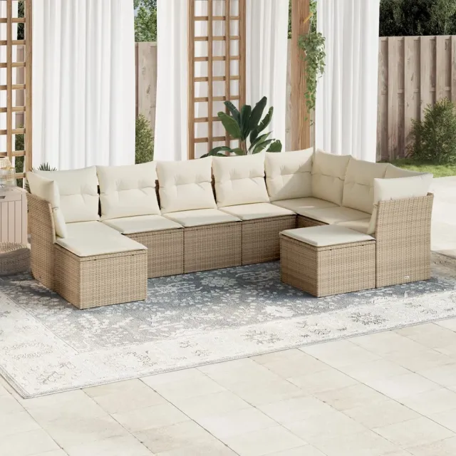 Salon de jardin avec coussins 9 pcs beige résine tressée