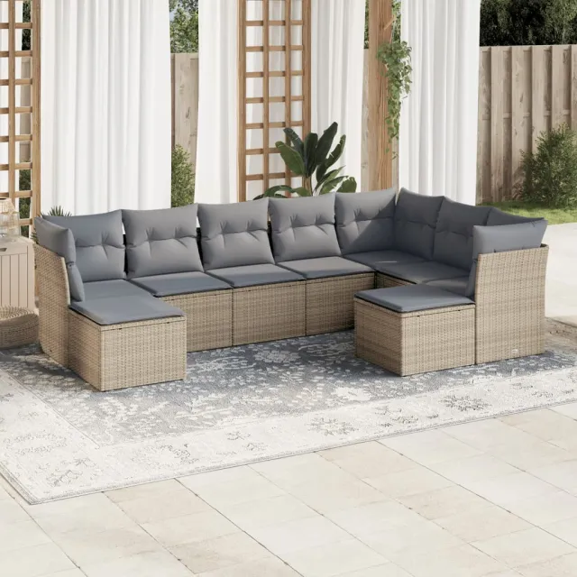 Salon de jardin avec coussins 9 pcs beige résine tressée