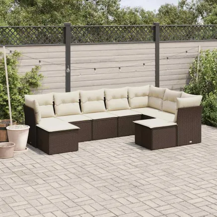 Salon de jardin avec coussins 9 pcs marron résine tressée