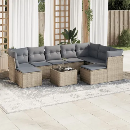 Salon de jardin avec coussins 10 pcs beige résine tressée