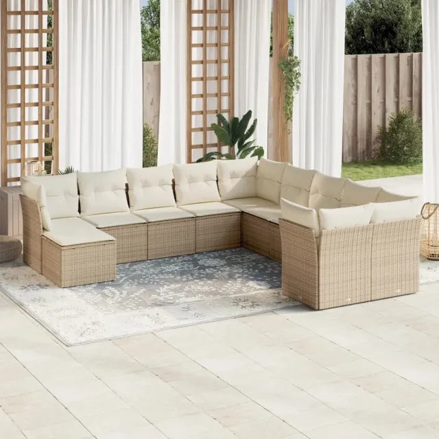 Salon de jardin 11 pcs avec coussins beige résine tressée