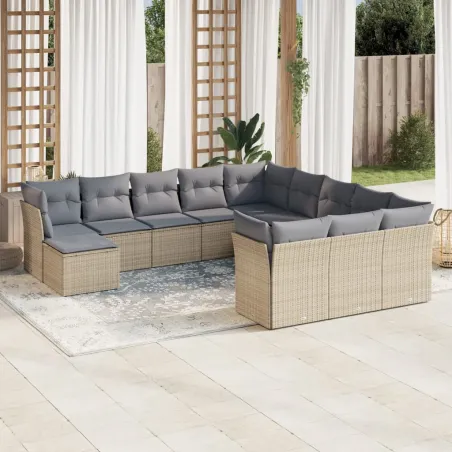 Salon de jardin avec coussins 12 pcs beige résine tressée