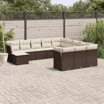Salon de jardin avec coussins 12 pcs marron résine tressée