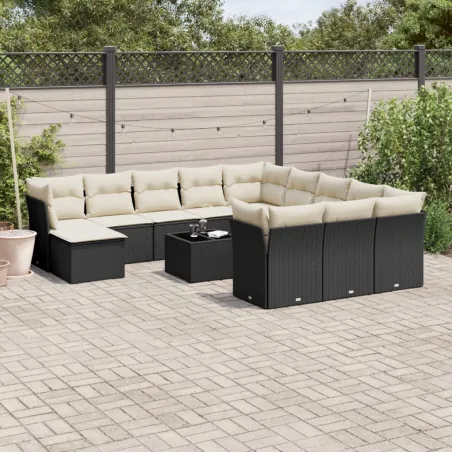 Salon de jardin avec coussins 13 pcs noir résine tressée