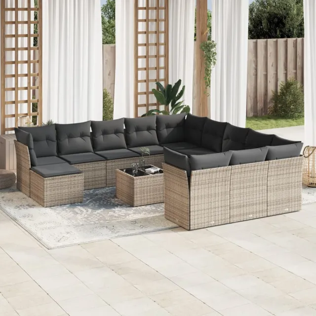 Salon de jardin avec coussins 13 pcs gris résine tressée