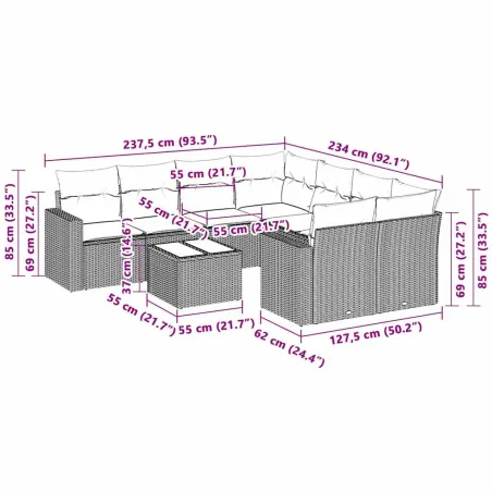 Salon de jardin avec coussins 3 pcs gris clair résine tressée