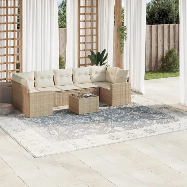 Salon de jardin avec coussins 8 pcs beige résine tressée