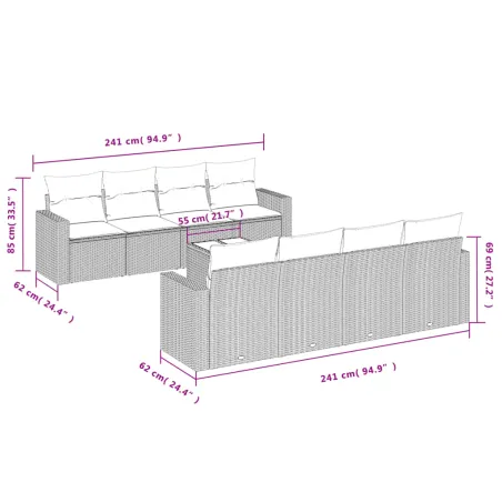 Salon de jardin avec coussins 9 pcs beige résine tressée