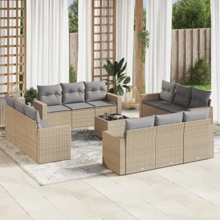 Salon de jardin avec coussins 13 pcs beige résine tressée