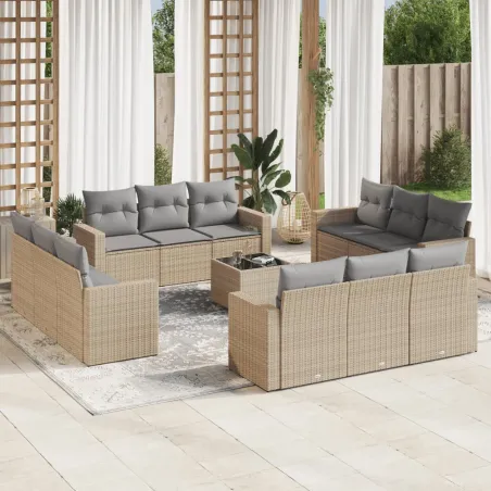 Salon de jardin avec coussins 13 pcs beige résine tressée