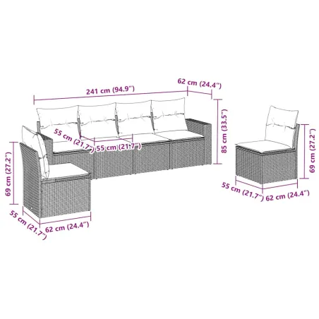 Salon de jardin avec coussins 6 pcs marron résine tressée