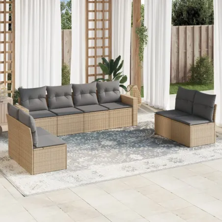 Salon de jardin avec coussins 8 pcs beige résine tressée