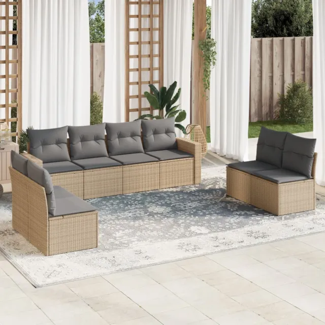 Salon de jardin avec coussins 9 pcs beige résine tressée