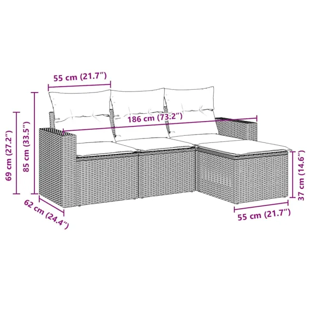 Salon de jardin 4 pcs avec coussins marron résine tressée