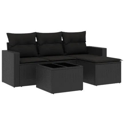 Salon de jardin 5 pcs avec coussins noir résine tressée 2