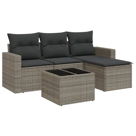 Salon de jardin 5 pcs avec coussins gris résine tressée 2