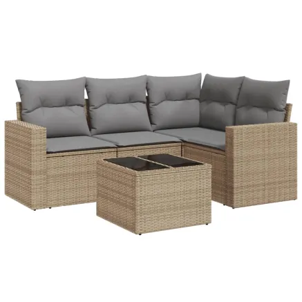 Salon de jardin avec coussins 5 pcs beige résine tressée 2