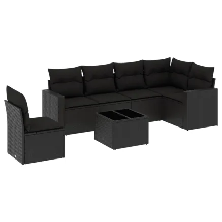 Salon de jardin 7 pcs avec coussins noir résine tressée 2