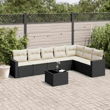 Salon de jardin 8 pcs avec coussins noir résine tressée