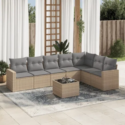 Salon de jardin avec coussins 8 pcs beige résine tressée
