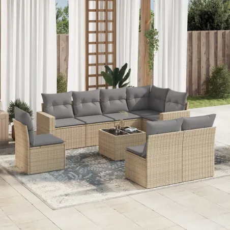 Salon de jardin avec coussins 9 pcs beige résine tressée